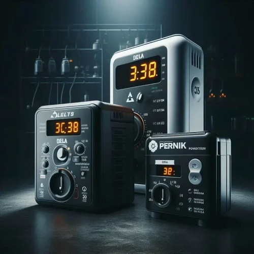 two household power stabilizers, one with the Delta brand and one with the Pernik brand.